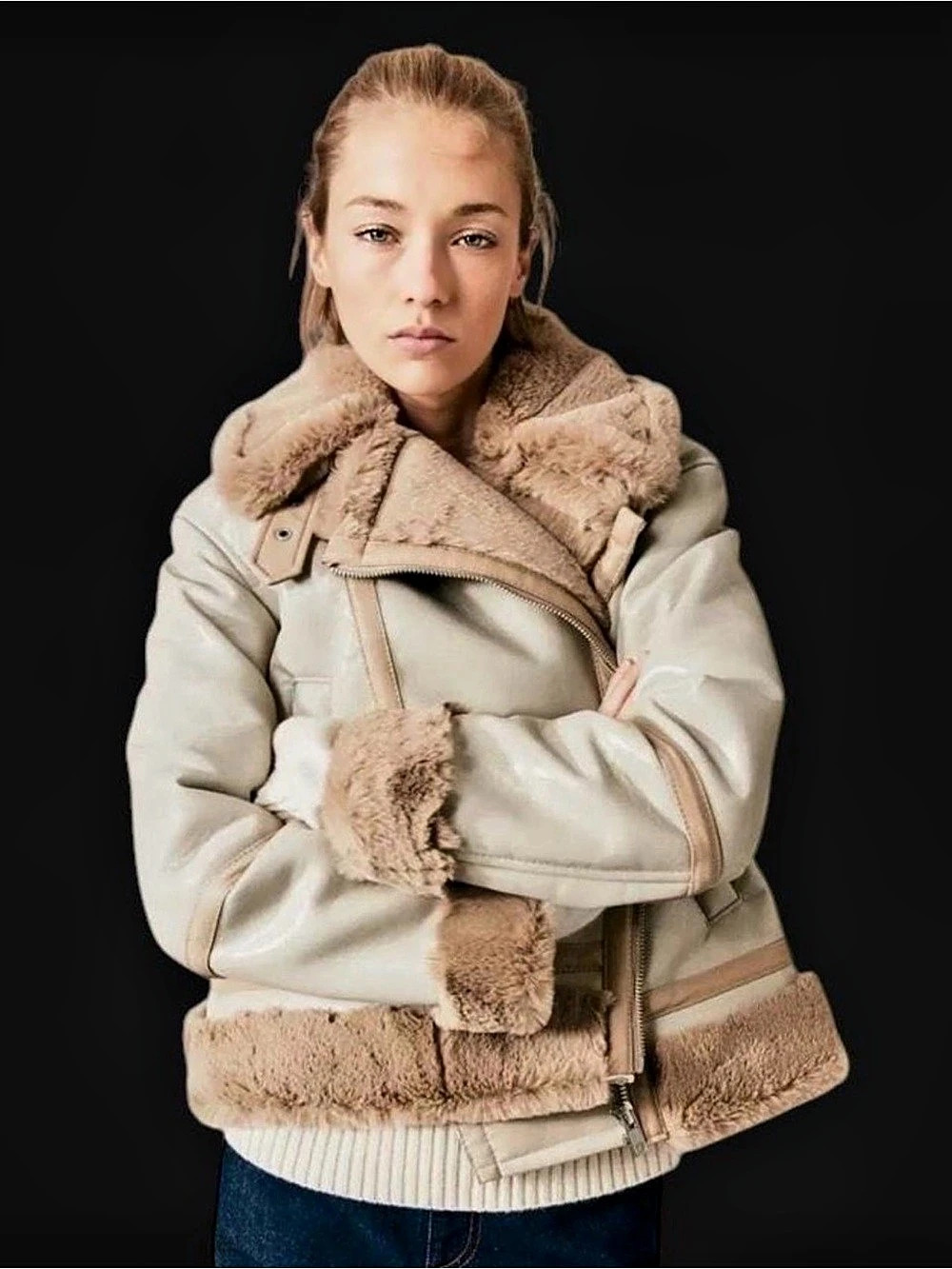 H&M Pile-Lined Faux Leather Shearling Biker Jacket Light Greige Taupe Size M